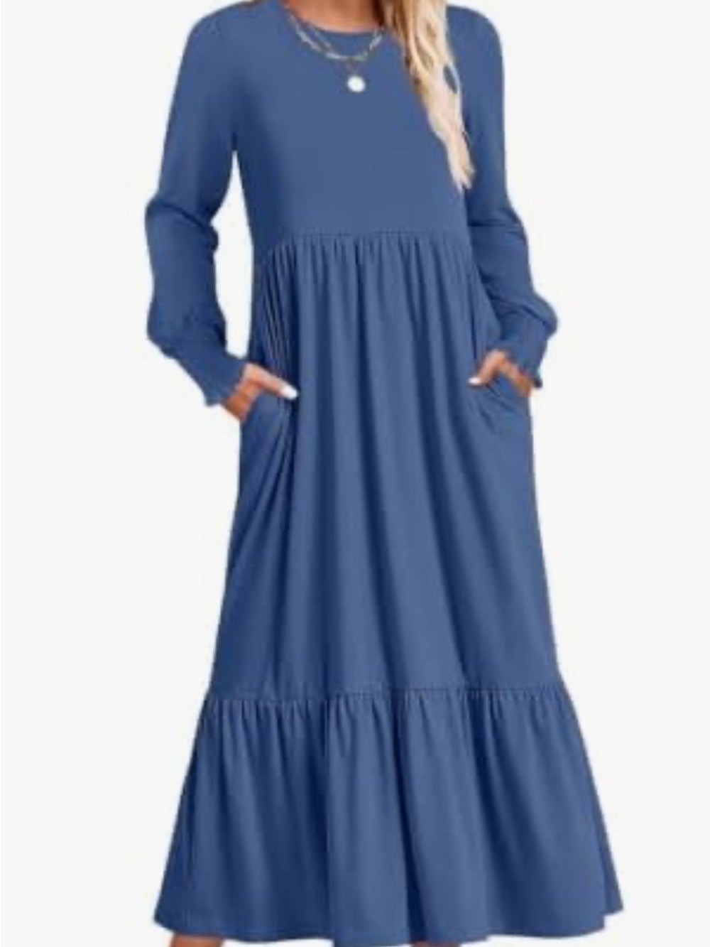 Classic Blue Long-Sleeve Tiered Maxi Dress with Pockets